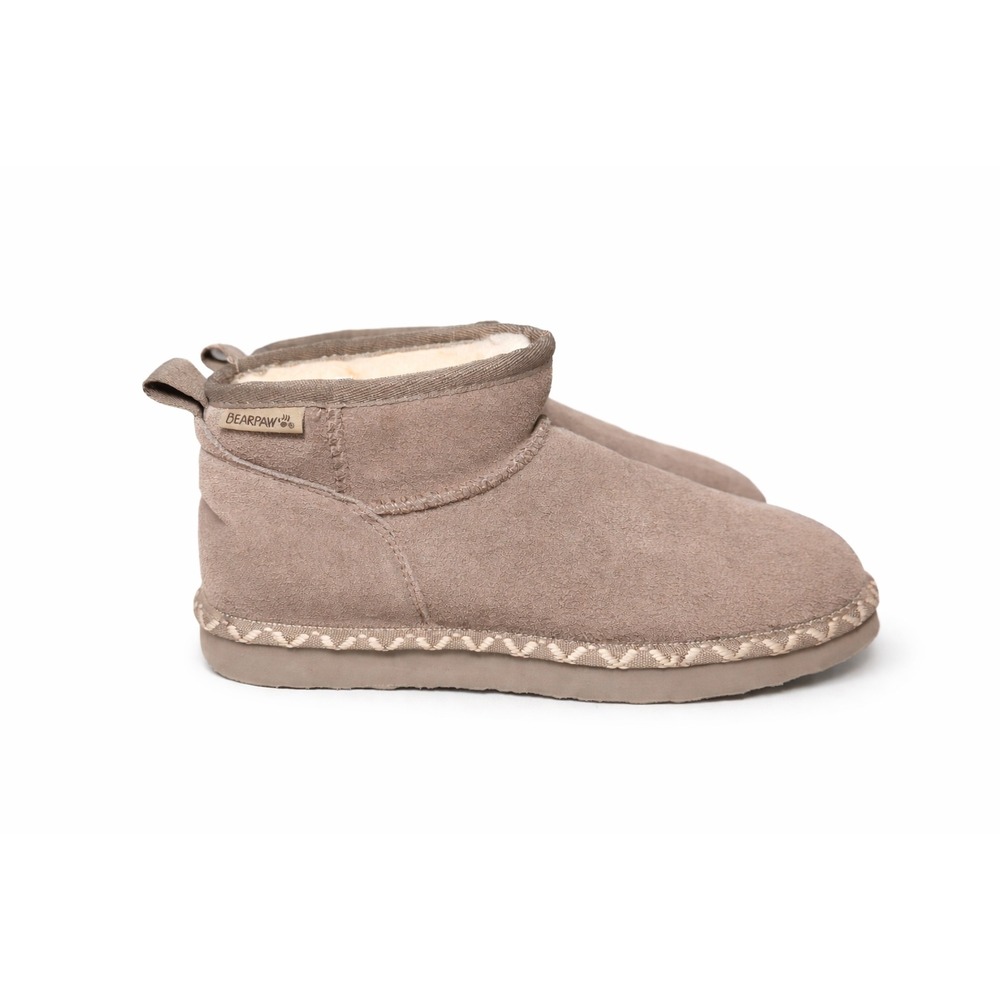 BEARPAW Oaklynn Deco Mini Boots Women 6 Taupe Gray‎ Suede Shearling Lined Winter